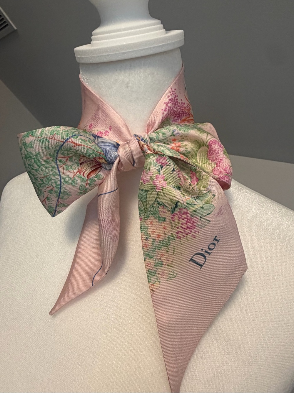 Christian Dior Mitzah Silk Scarf Pink Floral Garden Couture Bee Ribbon